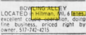 Hillman Lanes - Dec 6 1976 Ad For Sale (newer photo)